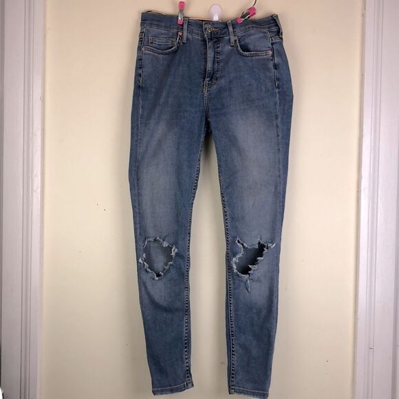 Urban Outfitters Free People High Rise Busted Knee Skinny Fit Blue Jeans - W 26 - Picture 1 of 15